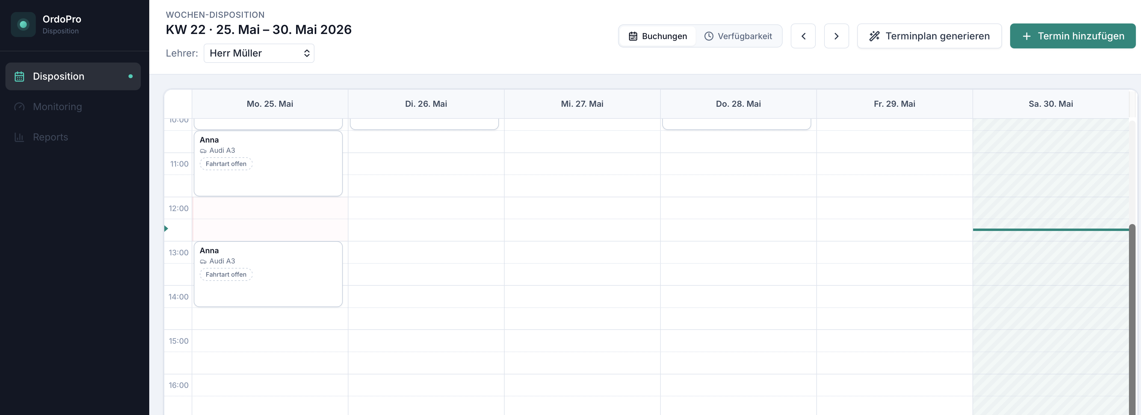 OrdoPro Disposition — Wochenkalender mit Lehrern, Fahrzeugen und Buchungen